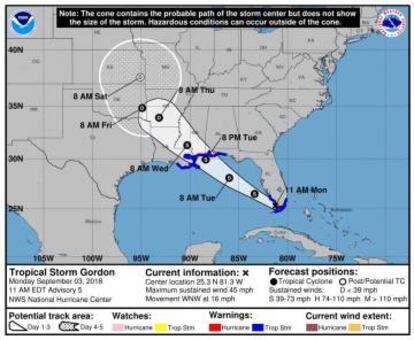 Imagen de la trayectoria prevista de la tormenta tropical Gordon cedida por el Centro Nacional de Huracanes.