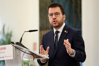 El presidente de la Generalitat de Cataluña, Pere Aragonés, durante una conferencia, el pasado miércoles en Madrid.