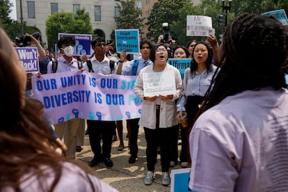 Supporters of affirmative action protest near the U.S. Supreme Court Building on Capitol Hill on June 29, 2023 in Washington, DC