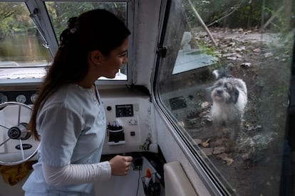 Leila Peluso observa a un perro desde su embarcación, en Tigre, provincia de Buenos Aires (Argentina), el 2 de junio de 2023.