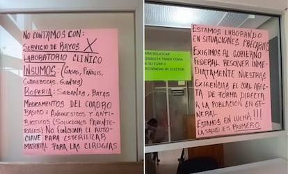 Carteles con las denuncias y exigencias de trabajadores del sector salud de la región del Istmo de Tehuantepec, en Oaxaca, pegados fuera de un centro de salud.