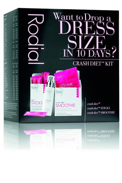 Todo lo que necesitas para bajar de talla en 10 días en un solo envase. Es Crash Diet Kit de Rodial, que incluye Crash Diet Gel para aplicar en las zonas problemáticas y eliminar la grasa acumulada; también Crash Diet Sticks, un complejo alimenticio que ayuda a quemar las grasas y elimina la retención de líquidos. Por último, Crash Diet Smoothies, un compuesto a base de proteínas que sustituye a una comida cada día con muy pocas calorías. Cuesta 109 y lo puedes encontrar en perfumerías.