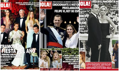 Tres portadas con personajes habituales de la revista '¡Hola!'.