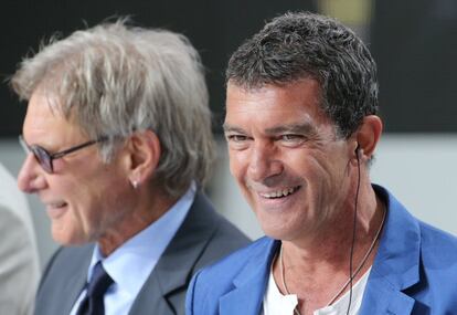 Harrison Ford y Antonio Banderas, en la presentación de 'Los mercenarios 3'.