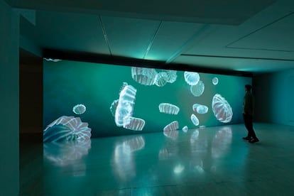 El museo Nacional Thyssen-Bornemisza sumerge a sus visitantes en la novela 'Moby Dick' con la instalación inmersiva 'De ballenas', el 20 de febrero de 2023.