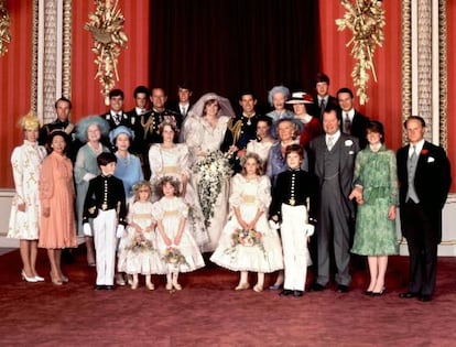 La familia real británica, en la boda de Diana y Carlos, en 1981.
