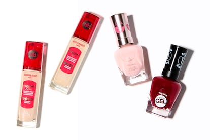 A la izda., la base Healthy Mix Anti-Fatigue Foundation de BOURJOIS PARIS incorpora un cóctel de vitaminas para fortalecer la barrera cutánea. A la dcha., lacas de uñas en tonos 537 Tulle Much y 440 Dig Fig de SALLY HANSEN.