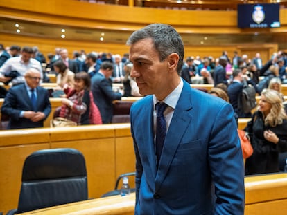 Pedro Sánchez, en el pleno del Congreso celebrado excepcionalmente en el Senado este miércoles.