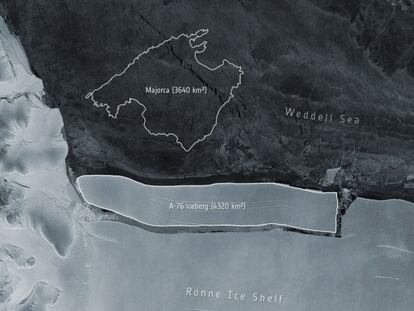 Imagen distribuida por la ESA del iceberg A-76 con el dibujo de la isla de Mallorca como referencia de su extensión.