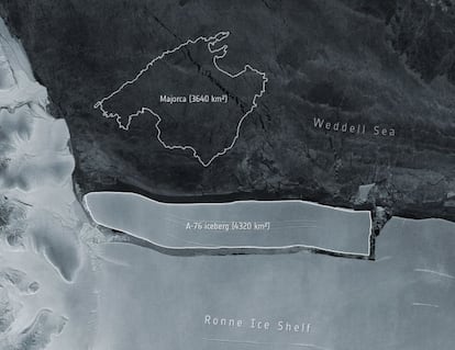 Imagen distribuida por la ESA del iceberg A-76 con el dibujo de la isla de Mallorca como referencia de su extensión.