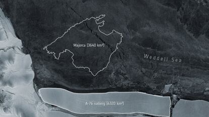 Imagem distribuída pela Agência Espacial Europeia mostra o iceberg A-76 com o desenho da ilha de Mallorca como referência da sua extensão.