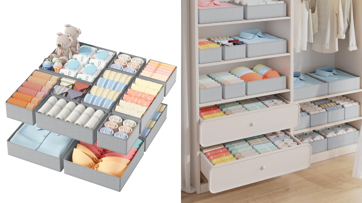 Organizador de cajones con doce cajas de tela plegables.
