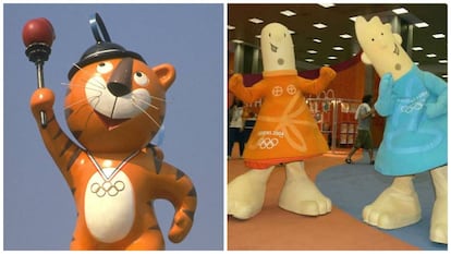 À esquerda, o tigre Hodori (Jogos de Seul). À direita, Atena e Febo, mascotes dos Jogos de Atenas.