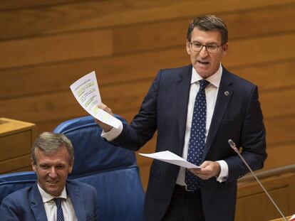 El presidente de la Xunta, Alberto Núñez Feijóo, durante el pleno del Parlamento gallego de este miércoles.