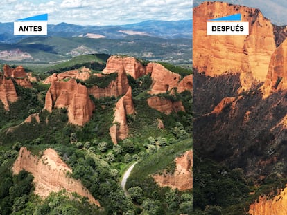 Antes y después del incendio en Las Médulas: así arrasó el fuego el paraje natural leonés
