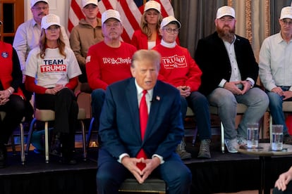 Republican presidential candidate former President Donald Trump participates in a virtual rally at Hotel Fort Des Moines in Des Moines, Iowa, Saturday, Jan. 13, 2024.