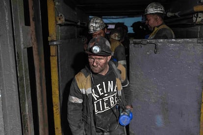 Miners walk out from the pit-face at the coal mine in Dnipropetrovsk region, Ukraine, on Friday, April 7, 2023