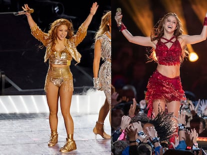 This combination of photos shows Shakira performing during the halftime show at the NFL Super Bowl 54 football game between the San Francisco 49ers and Kansas City Chiefs', on Feb. 2, 2020, in Miami Gardens, Fla.