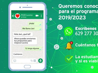 Cartel promocional de la campaña del PSOE de Lucena (Córdoba) que promociona su canal de WhatsApp.
 