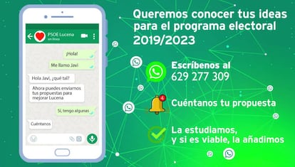 Cartel promocional de la campaña del PSOE de Lucena (Córdoba) que promociona su canal de WhatsApp.
 