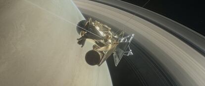 Cassini recibió un gran aumento en la velocidad de aproximadamente 860,5 metros por segundo con respecto a Saturno desde el encuentro cercano con Titán.