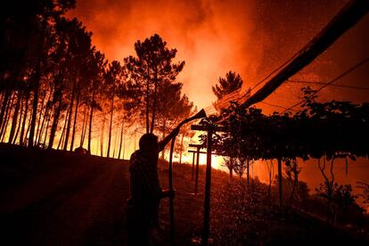 Las autoridades, por su parte, han señalado que esperan tener controlado el fuego en la madrugada de este domingo. En la imagen, un vecino ayuda en los trabajos de extinción del fuego en la zona de Amendoa.