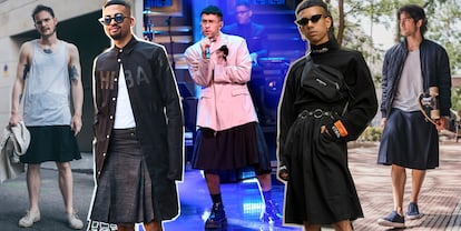 En los extremos, faldas de la firma española Daves. En el centro, hombres en falda en el 'street style' y el cantante Bad Bunny.