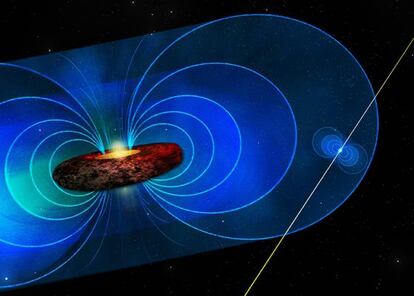 Ilustraci&oacute;n del pulsar PSR J1745-2900 situado cerca del agujero negro del centro de la V&iacute;a L&aacute;ctea.