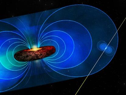 Ilustración del pulsar PSR J1745-2900 situado cerca del agujero negro del centro de la Vía Láctea.
