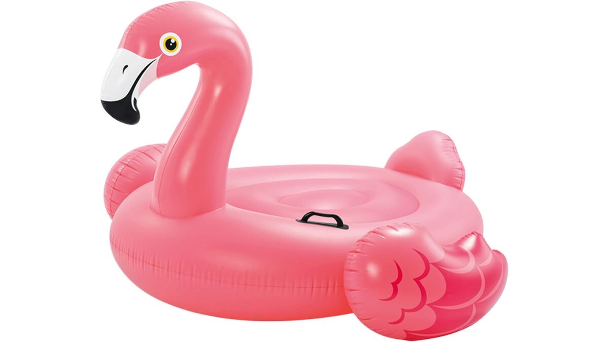 Pool mat in the shape of a flamingo.