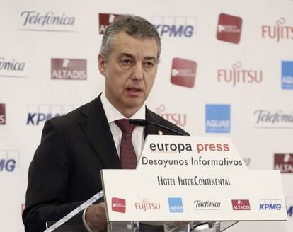 El lehendakari, Iñigo Urkullu, durante la conferencia que pronunció en un desayuno informativo en Madrid.