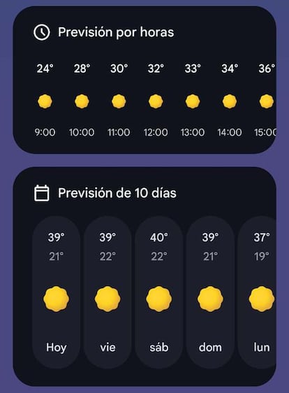 App del tiempo mueva en los Pixel 9 de Google mostrando previsión.