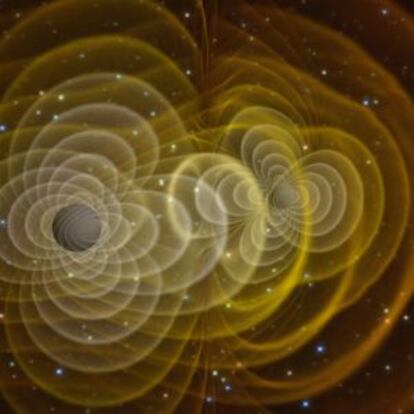 Representación de las ondas gravitacionales generadas por dos agujeros negros orbitando juntos