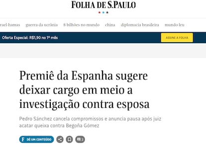 Captura de pantalla sobre el anuncio de Sánchez en el medio brasileño Folha de São Paulo.