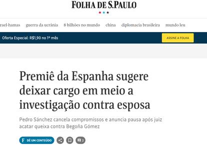 Captura de pantalla sobre el anuncio de Sánchez en el medio brasileño Folha de São Paulo.