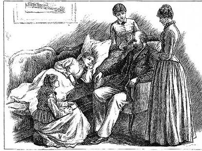 Beth, una de las hermanas March, junto a sus hermanas y su padre en una ilustración de Frank T. Merrill.