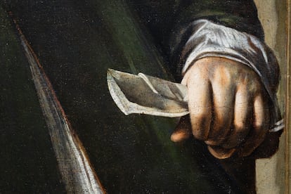 Detalle de la mano izquierda del 'Retrato de Maffeo Barberini', de Caravaggio