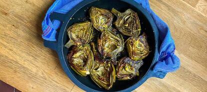 These artichokes were cooked in a casserole dish, a simple preparation that requires little work.