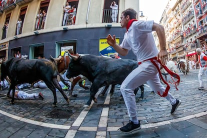Un mozo corre junto a los toros de Miura a su paso por la curva de Mercaderes.