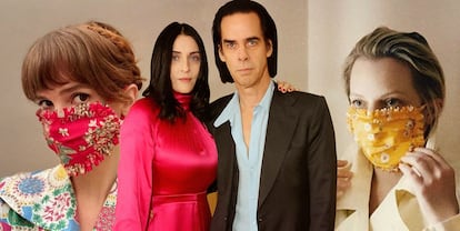 Susie Cave y Nick Cave, en el centro. A la derecha, Elizabeth Moss con uno de los diseños de The Vampire's Wife.