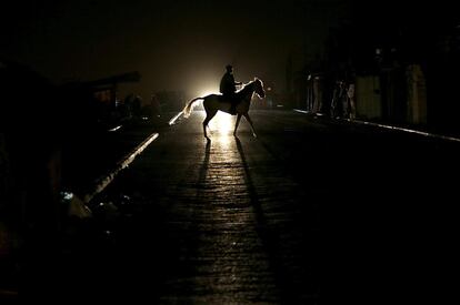 Refugiados palestinos, sobre sus caballos en el norte de la Franja de Gaza, Palestina.