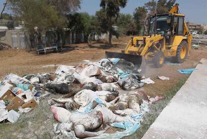 Una excavadora retira cadáveres abandonados en el jardín del hospital de Abu Salim.