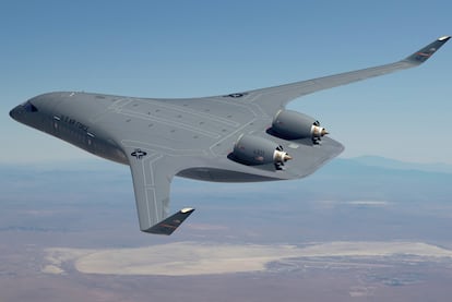 This image provided by the U.S. Air Force shows a rendering of a blended-wing body prototype aircraft.