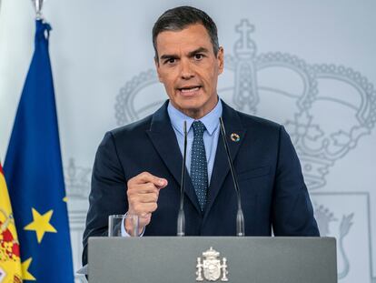 Pedro Sánchez en rueda de prensa en el Palacio de la Moncloa después del Consejo de Ministros.