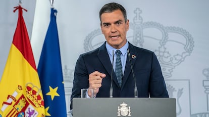 Pedro Sánchez en rueda de prensa en el Palacio de la Moncloa después del Consejo de Ministros.