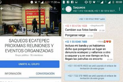 Capturas de pantalla de grupos en redes sociales en los que se organizan saqueos en el Estado de México.