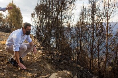 El presidente andaluz, Juan Manuel Moreno, en la zona del reciente incendio en Sierra Bermeja (Málaga).