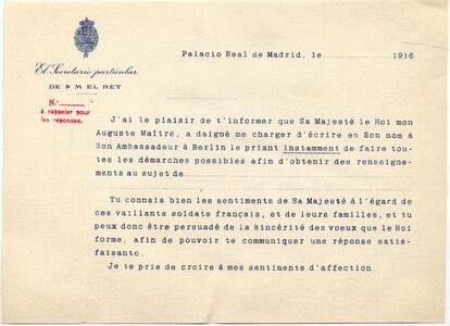 Modelo de carta de respuesta en francés de la Oficina de la Guerra Europea, 1916-1918.