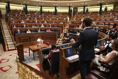 Pablo Casado, durante la sesión de control al Gobierno este miércoles en el Congreso.