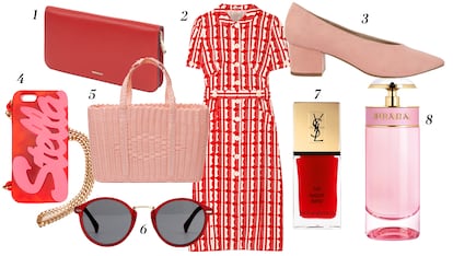 1. Uterqüe Cartera de piel 2. Miu Miu Vestido midi estampado 3. Asos Zapatos con tacón medio 4. Stella McCartney Funda para el móvil con cadena 5. Oysho Bolso tipo cesta 6. Iyü Design Gafas de sol 7. Yves Saint Laurent Laca de uñas La laque couture 8. Prada Perfume Candy Florale.